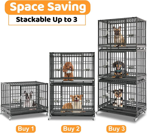 37 Inch Heavy Duty Stackable Dog Crate with Wheels, Escape-Proof Lock, Removable Tray for Medium/Small Dogs