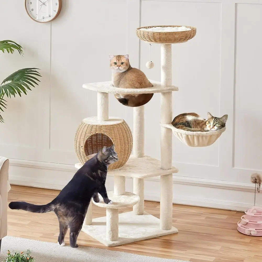 Contemporary Rattan Cat Tower with Woven Condo, Scratching Posts, Washable Cushions - Cool in Summer, Stylish Indoor Cat Furnitu