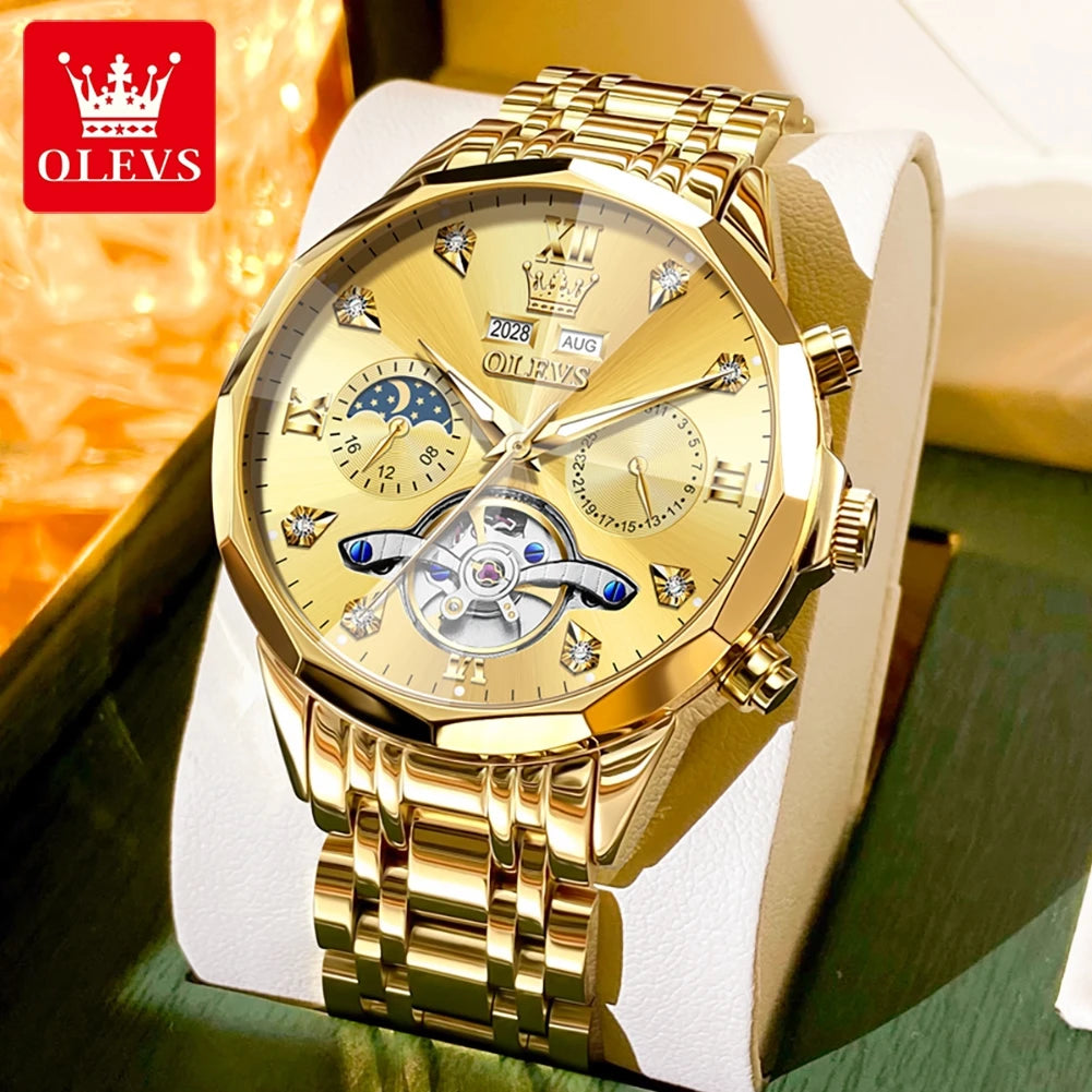 OLEVS Automatic Mechanical Mens Watch Business Wristwatch Waterproof Date Watches Moon Phase Watch for Men Luxury Brand Watch 66