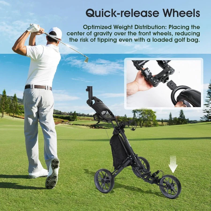 3 Wheel Golf Push Cart : Lightweight Compact Golf Walking Cart with Cooler Flat Fold Golf Trolley with Brake Pull Behind