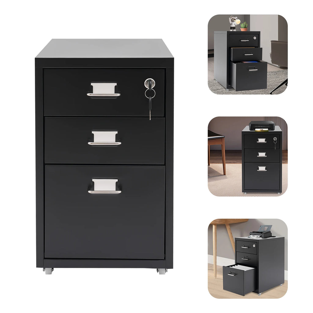 3 Tiers Rectangular Steel Vertical File Cabinet,Pink/White/Black Metal Mobile File Cabinet with Lock for Office,Study