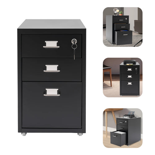 3 Tiers Rectangular Steel Vertical File Cabinet,Pink/White/Black Metal Mobile File Cabinet with Lock for Office,Study