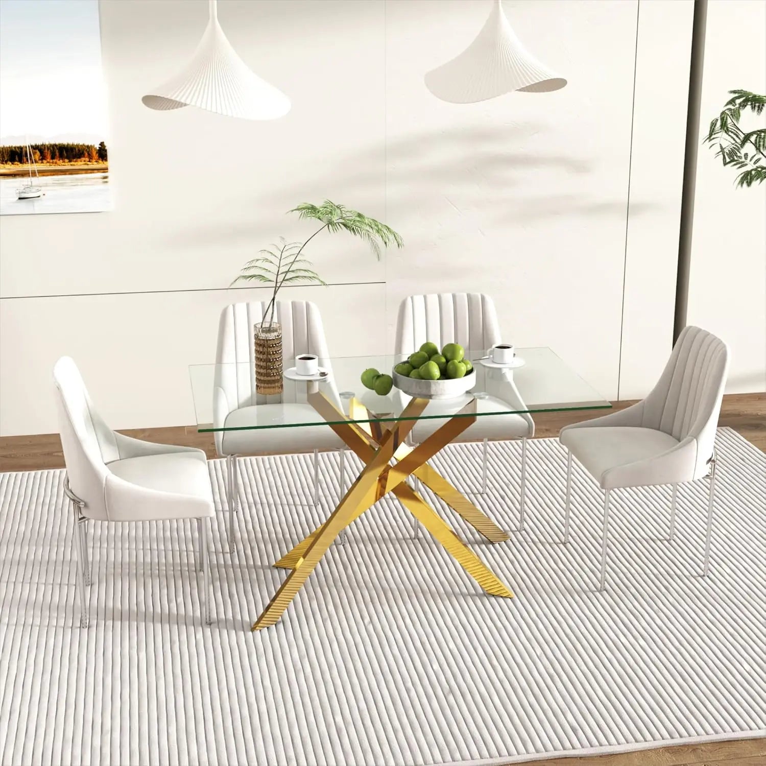 51.18' Rectangular Tempered Glass Dining Table with Metal Legs, Golden