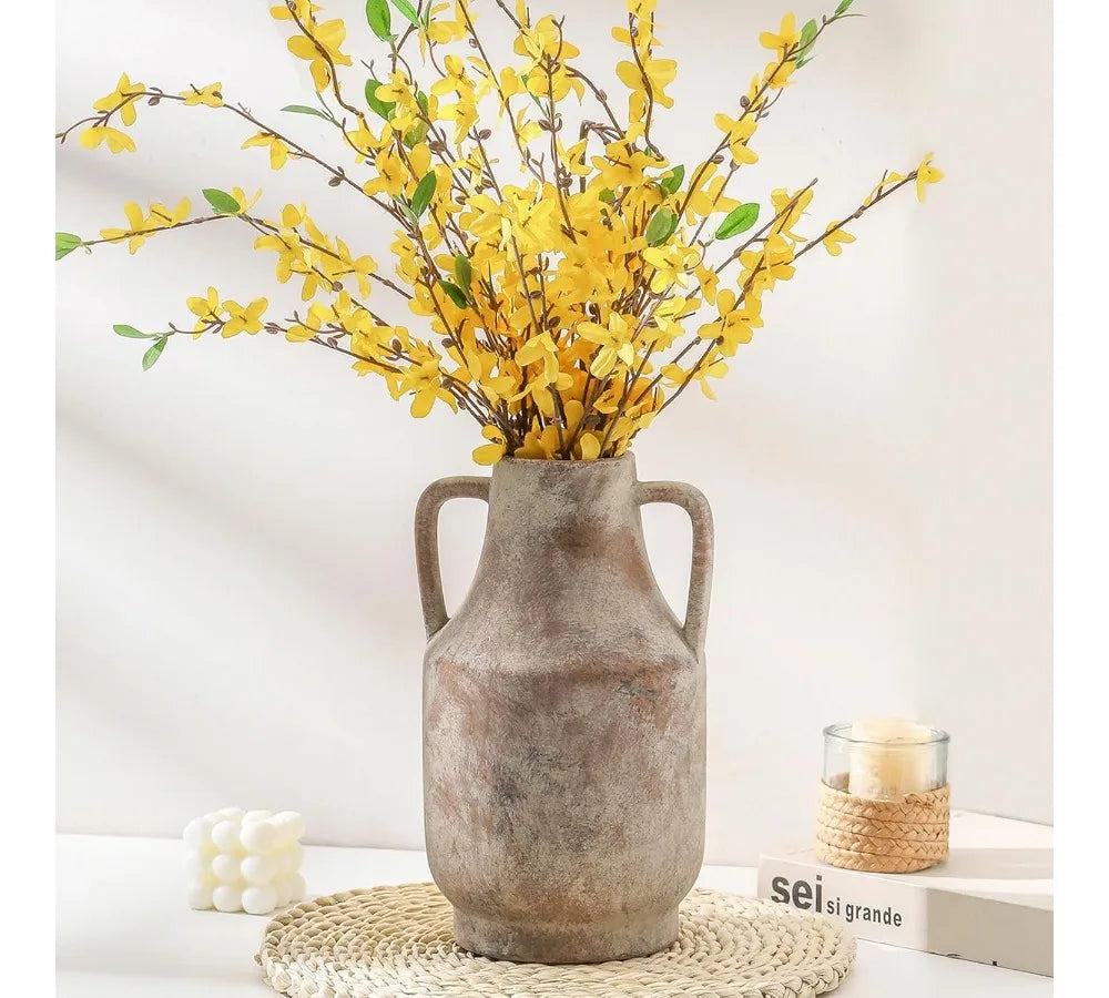 11 Inch Handcrafted Ceramic Flower Vase with Handles, Rustic Farmhouse Centerpiece for Home Decor Living Room Table