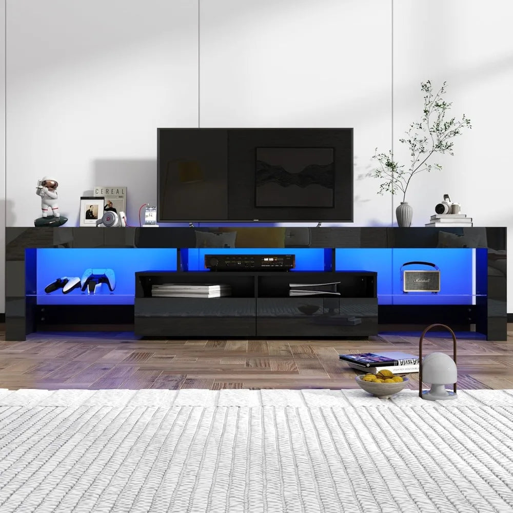 LED TV Stand for 90/100 inch TV, High Glossy Modern Entertainment Center with Drawer and Led Lights, Television Table