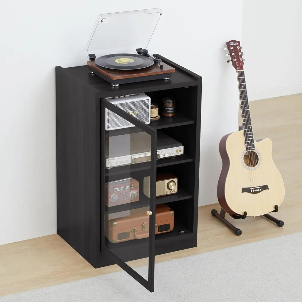 Media Cabinet with Door, Black 5-Tier Stereo Cabinet with Adjustable Shelves, AV Media Storage Shelf with Cable Management, Aud