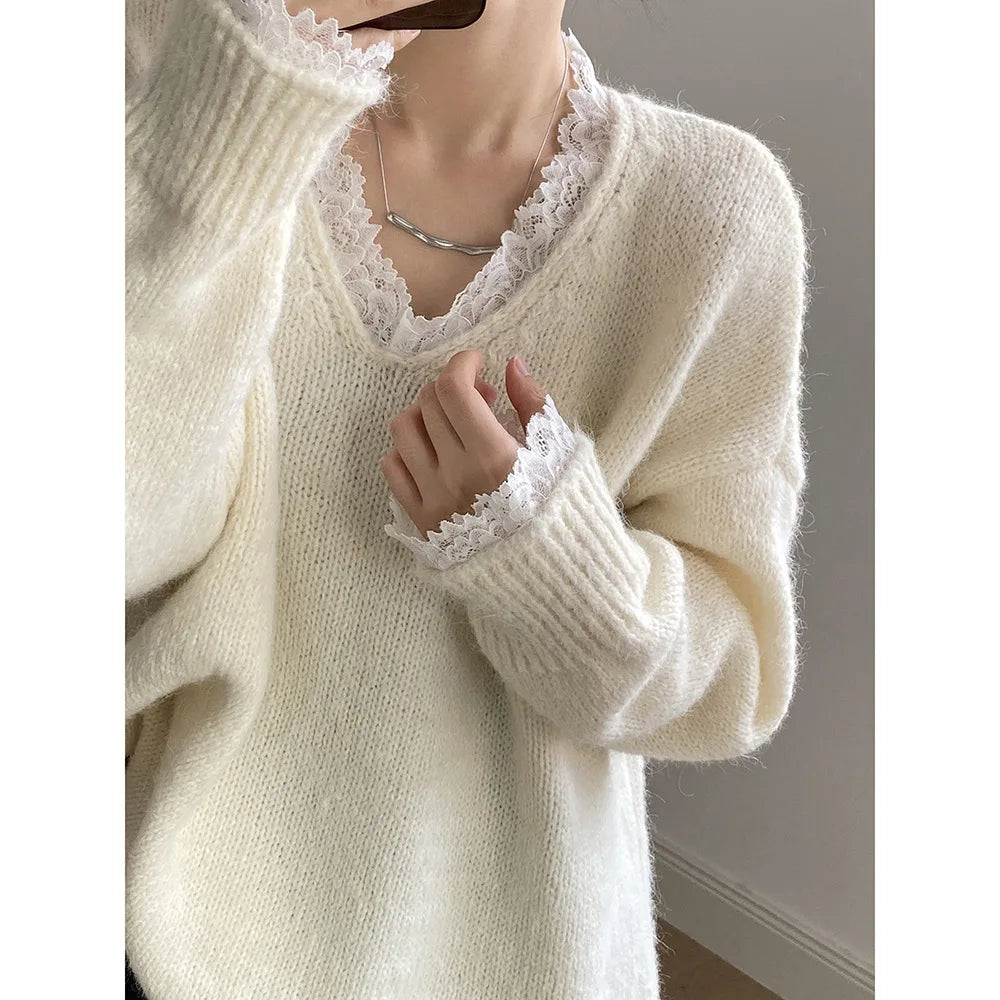 Lace Trim Warm Sweater For Women V Neck Long Sleeve Winter Loose Soft Top