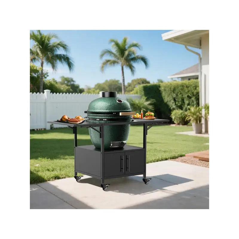 Outdoor Grill Table for Kamado BBQ, Metal Grill Cart with 2 Folding Panels, Fits Large Grills and Kamado Joe Jr, Perfect for