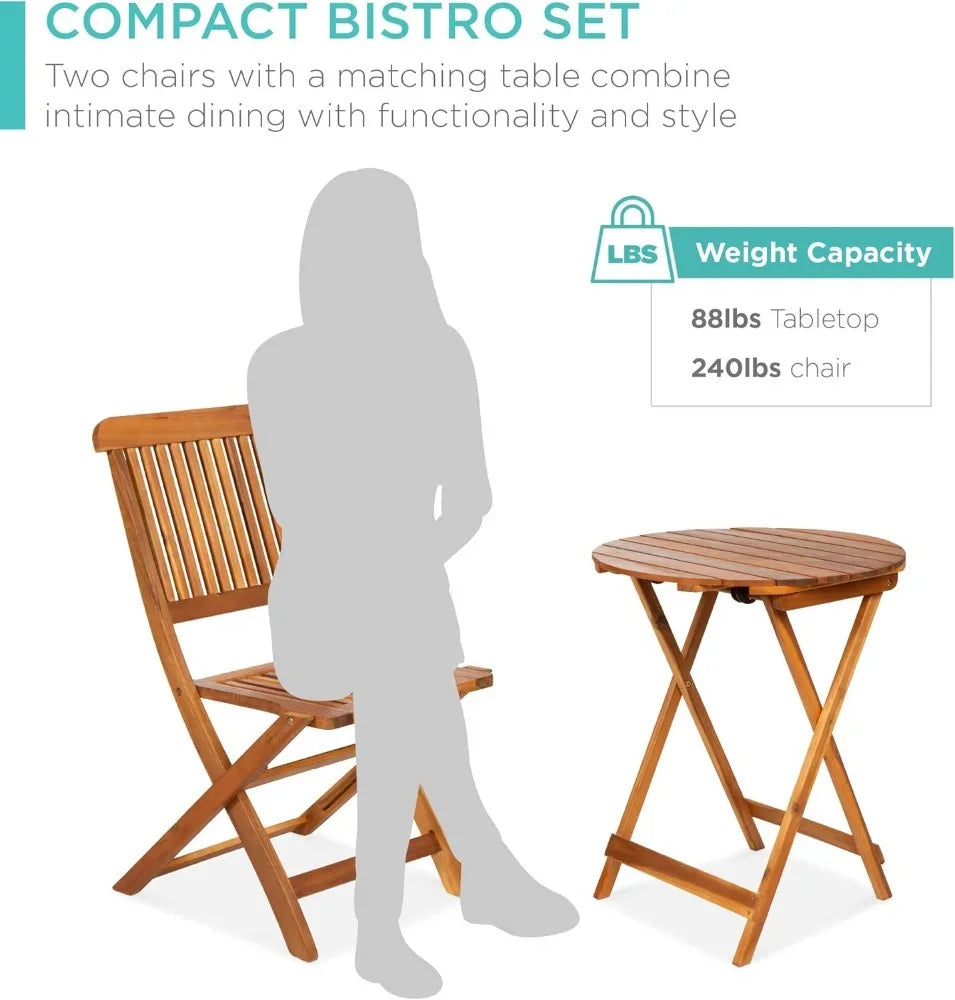 Products 3-Piece Acacia Wood Bistro Set, Folding Patio Furniture for Backyard, Balcony, Deck w/ 2 Chairs, Round Coffee Table,