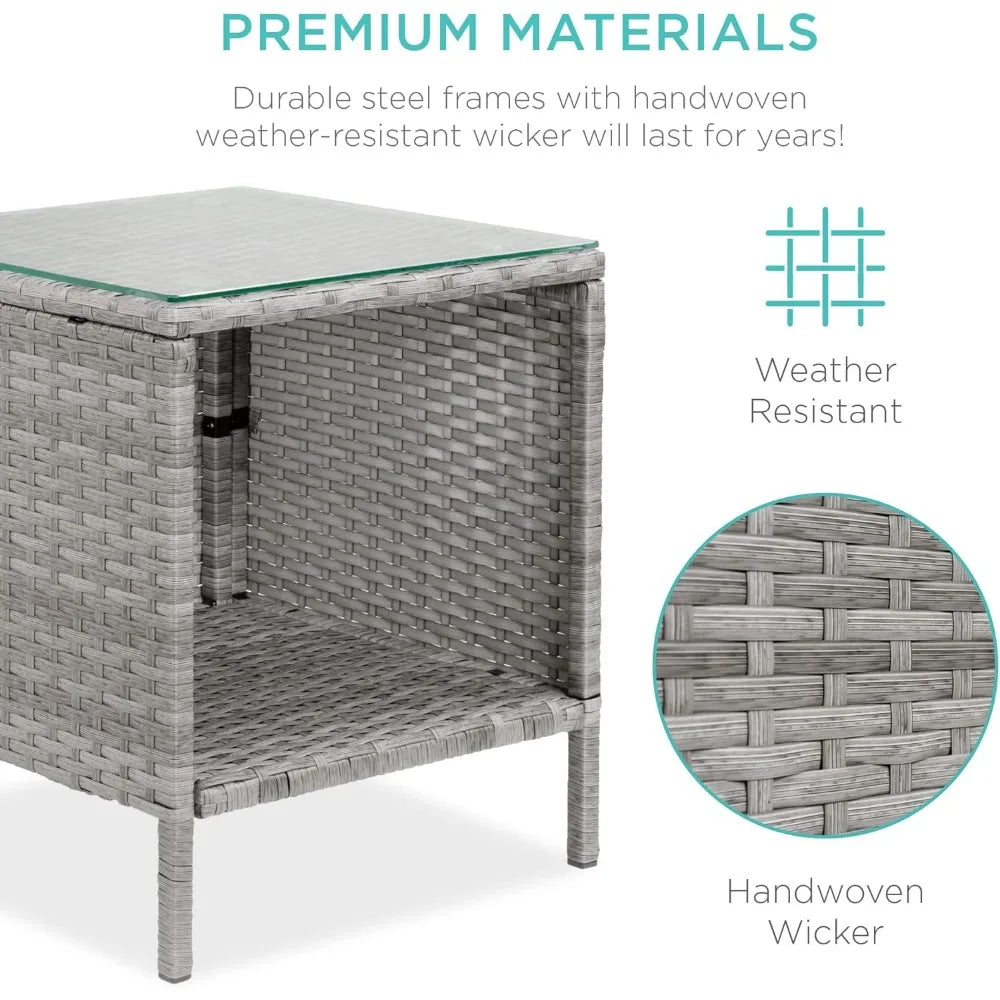 3-Piece Outdoor Wicker Conversation Bistro Set, Space Saving Patio Furniture for Garden w/Side Table - Gray/Navy