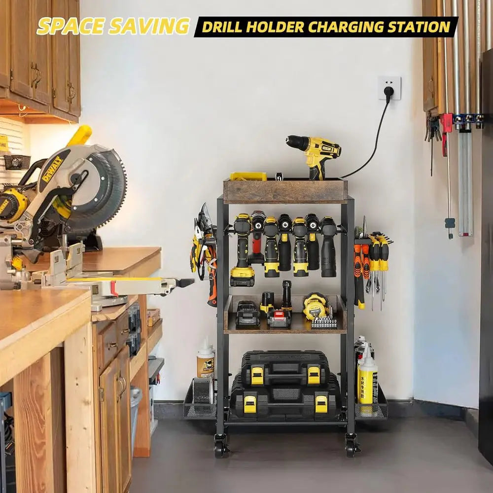 Olakee Power Tool Organizer Garage Storage Organization Shelving Tool Holder Drill Rack Shelf Rolling Cart Open Tool Chest Cabin