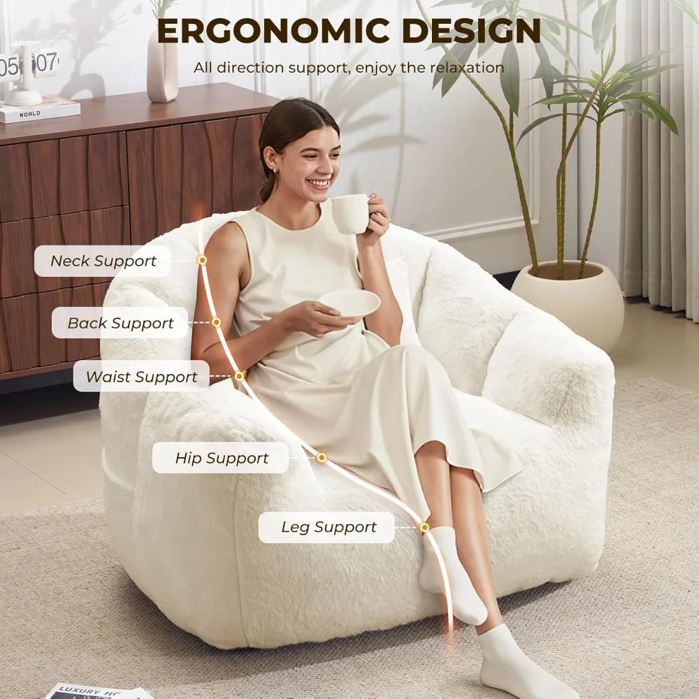 Oversized Bean Bag Chair with Pillow for Adults - Comfy Fluffy Faux Rabbit Fur Lazy Floor Sofa, Lounge Boneless Accent