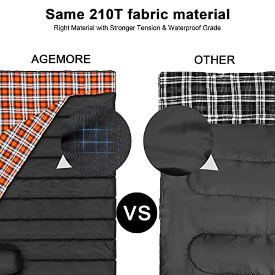 Cotton Flannel Double Sleeping Bag for Camping Backpacking or Hiking: Queen Size 2 Person Waterproof Sleeping Bag for Adults or