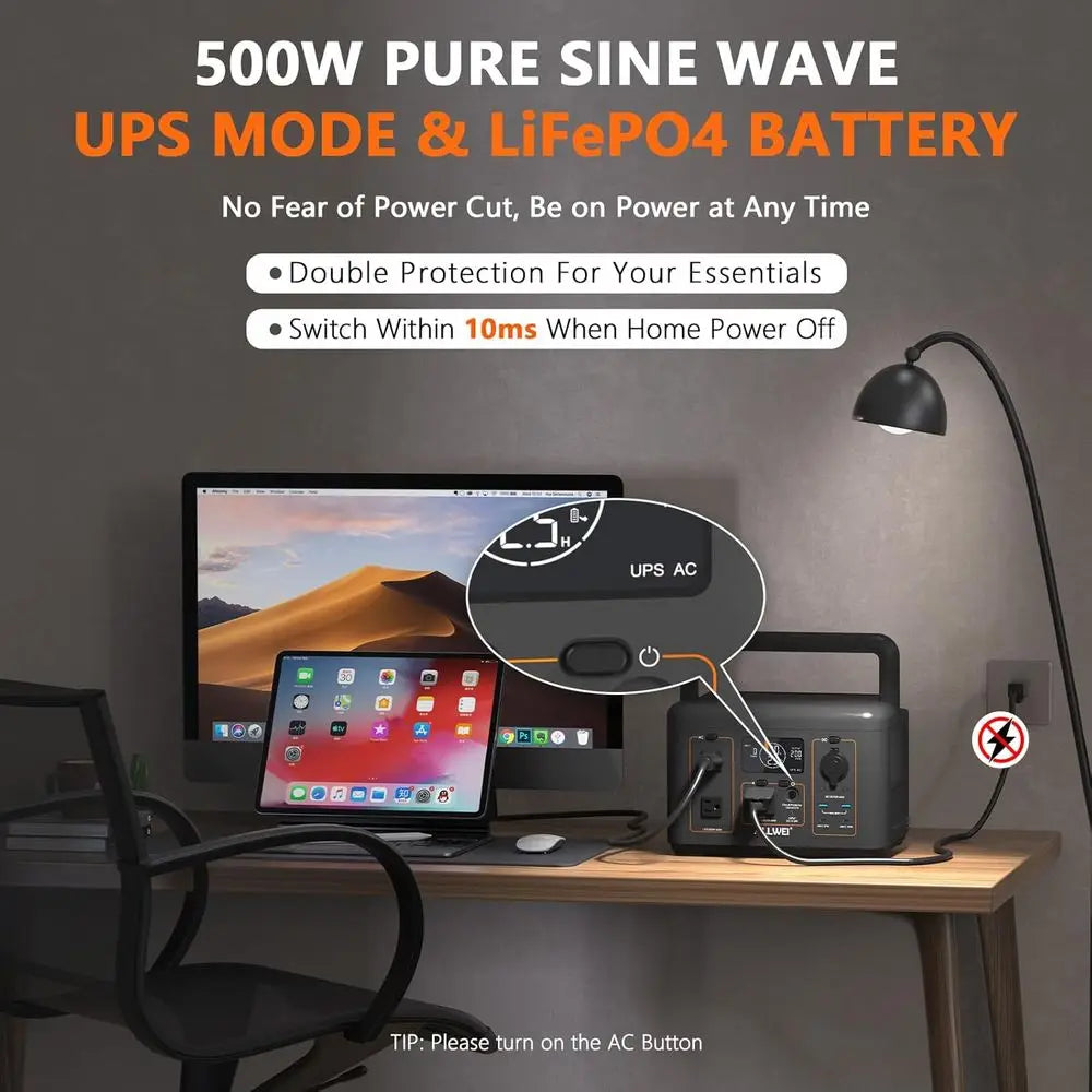 LiFePO4 Solar Generator 512Wh(Peak 1000W) with 100W Solar Panel, 500W Portable Power Station with UPS Mode, Pure Sine Wave AC Ou
