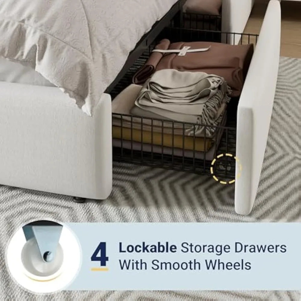 Contemporary Queen-Sized Platform Bed with Storage Drawers and Velvet Headboard, Wood Slat Support