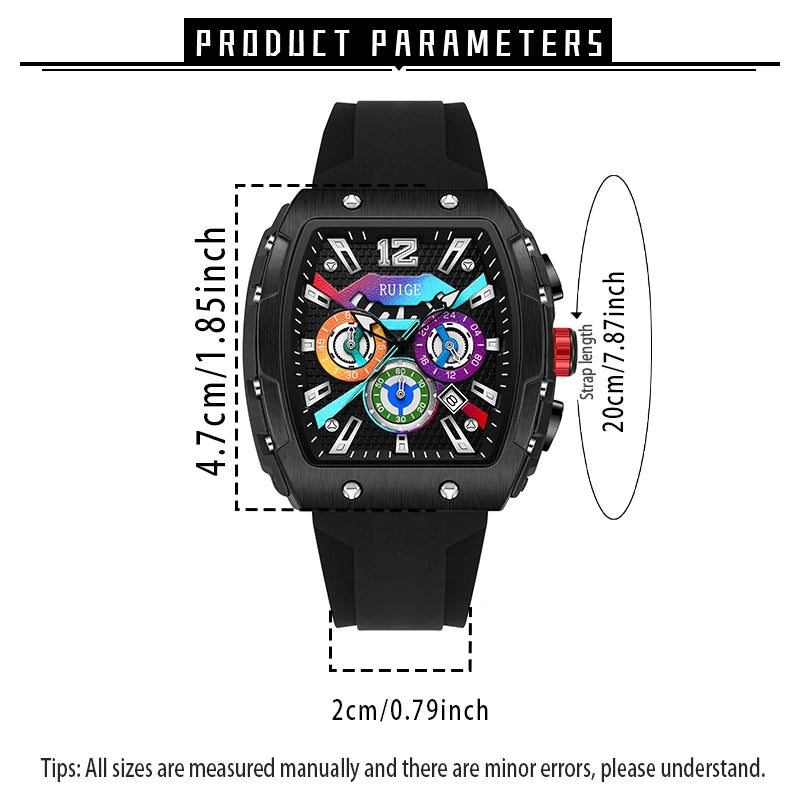RUIGE Night light three-eyed six-needle silicone strap quartz watch fashion trend leisure gift men's wristwatch
