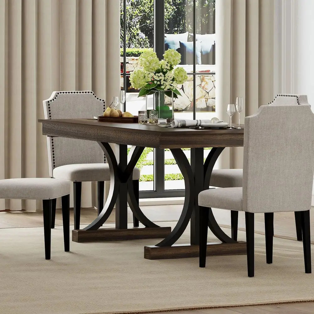 Large Rectangular Wooden Dining Table for 6-8, Sturdy Frame, Double Pedestal Base, Kitchen Dinner Table with Two Drawers