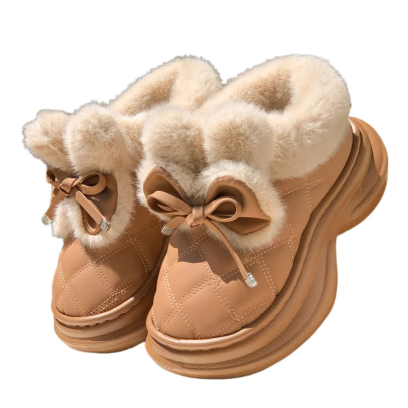 Sweet Bowknot Furry Indoor Slippers Women 2025 Winter Soft Thick Bottom Fluffy Fur Home Slippers Warm Plush Platform Slides