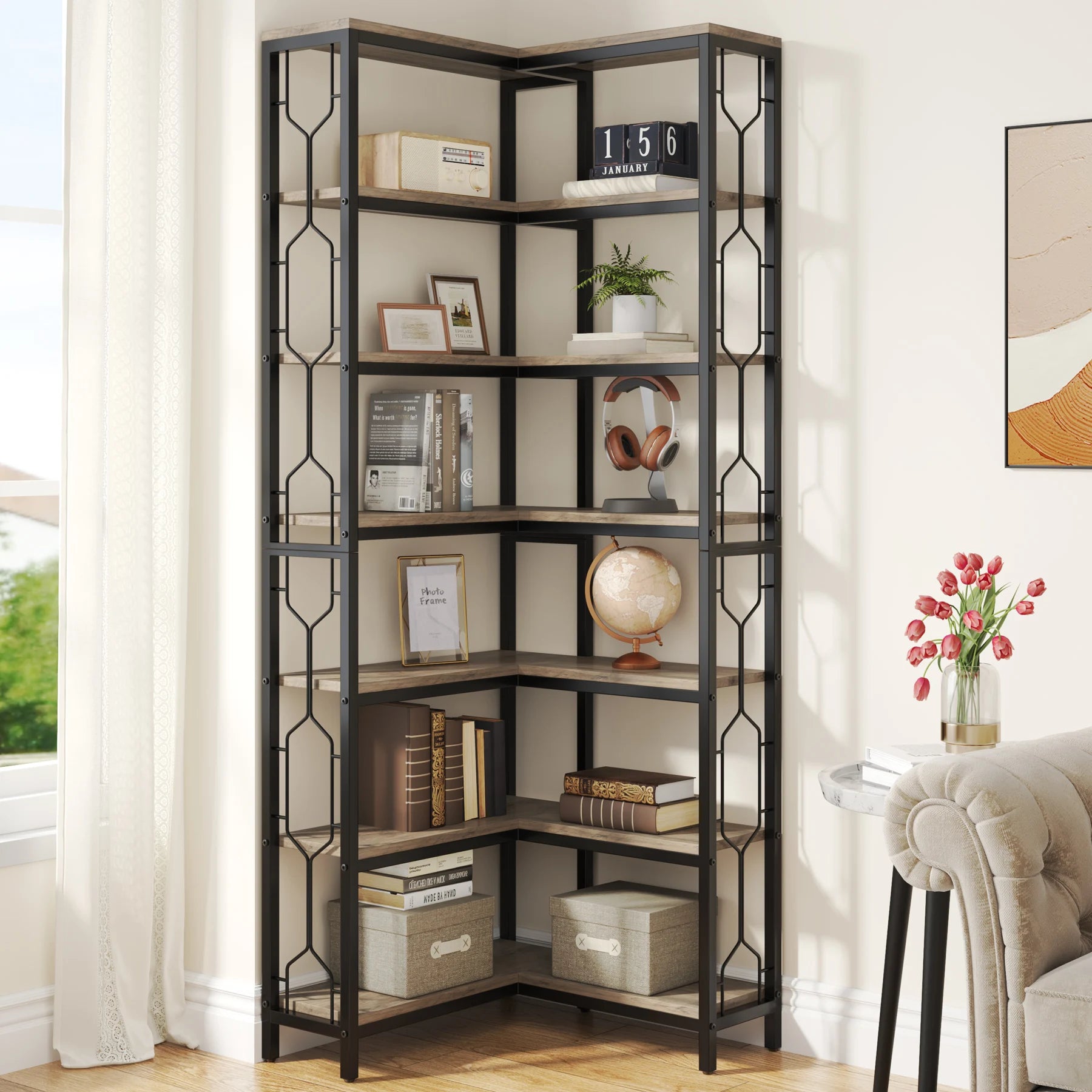 Tribesigns Corner Shelf, 7-Tier Industrial Corner Bookshelf, Wood and Metal Corner Etagere Bookcase