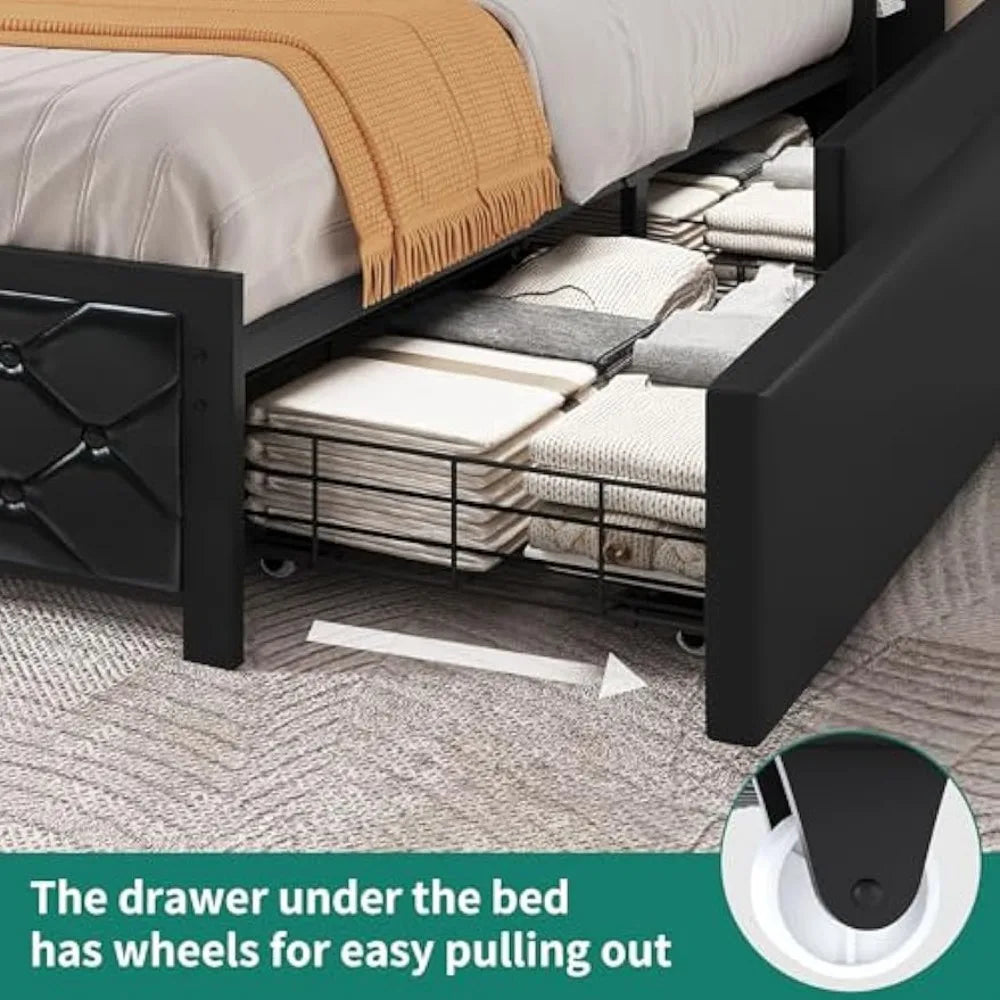 yitahome queen bed frame with rgb led lights headboard & 4 storage drawers, modern upholstered faux leather platform bed with us