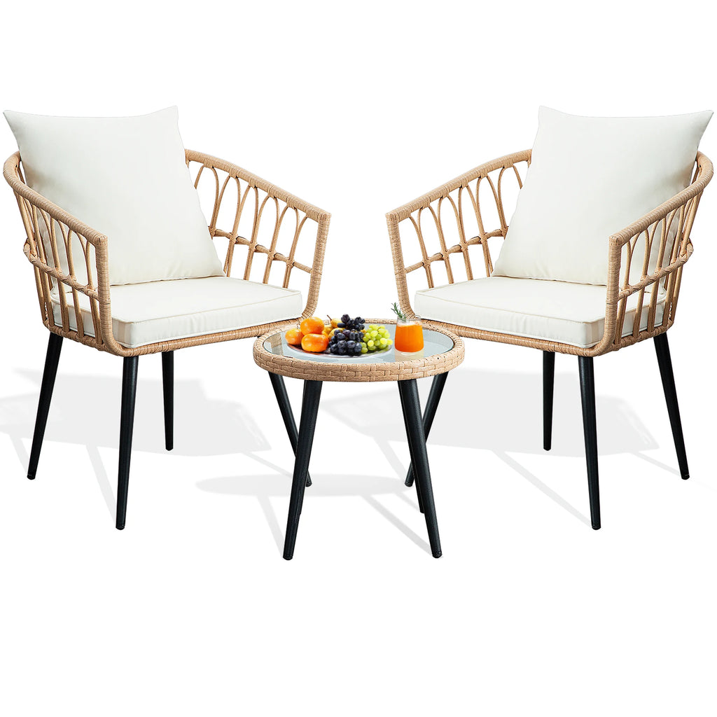 3 Piece Patio Porch Furniture Sets - Outdoor Wicker Chairs Bistro Set w/Cushions & Table for Balcony Lawn Pool Backyard
