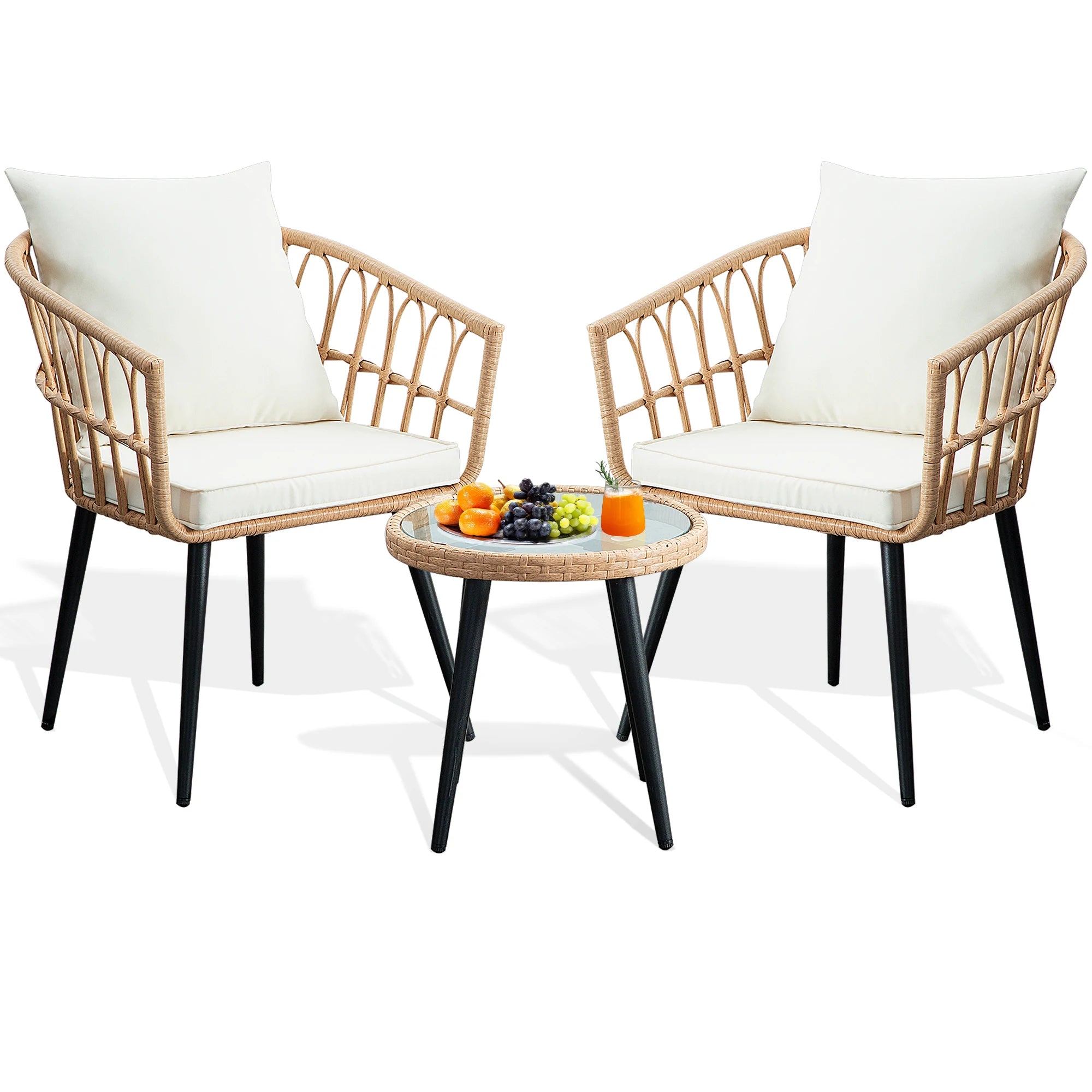 3 Piece Patio Porch Furniture Sets - Outdoor Wicker Chairs Bistro Set w/Cushions & Table for Balcony Lawn Pool Backyard