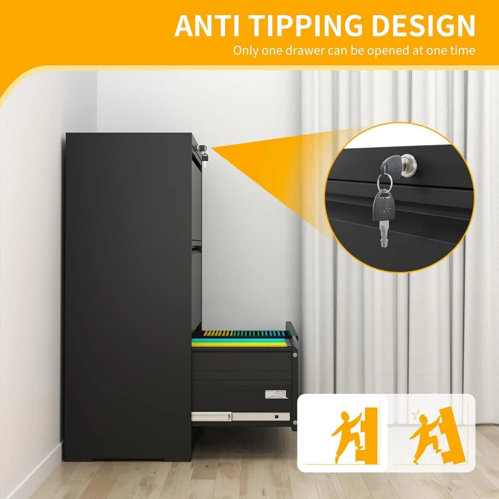 File Cabinet with Lock, 3 Drawer Lateral Filing Cabinet for Home Office, Black Metal Heavy Duty File Cabinets for Hanging Letter