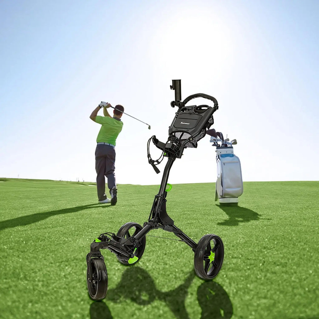 XDriveMax Golf Push Cart 3-Wheel With Umbrella Stand, Swivel Front Wheel Designed For Golf Clubs And Bags Enhanced Storage