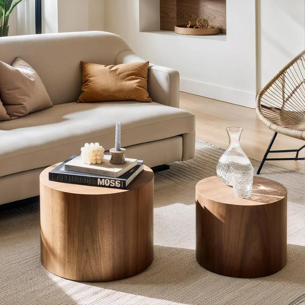 Nesting Coffee Table Set of 2, Modern Round Coffee Table with Non-Slip Feet, Walnut Wooden Circle Accent Tables for Small Spaces