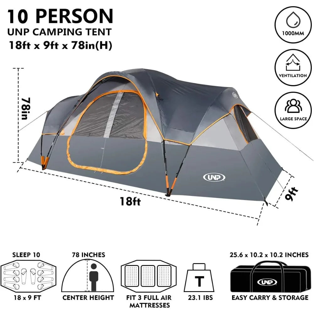 Camping Tent 10-Person-Family Tents, Parties, Music Festival Tent, Big, Easy Up, 5 Large Mesh Windows, Double Layer, 2 Room