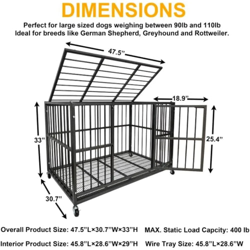 54/48/42/38 Inch Heavy Duty Dog Crate Cage with Wheels Indestructible and Escape Proof Steel Kennel Indoor for High Anxiety Dog