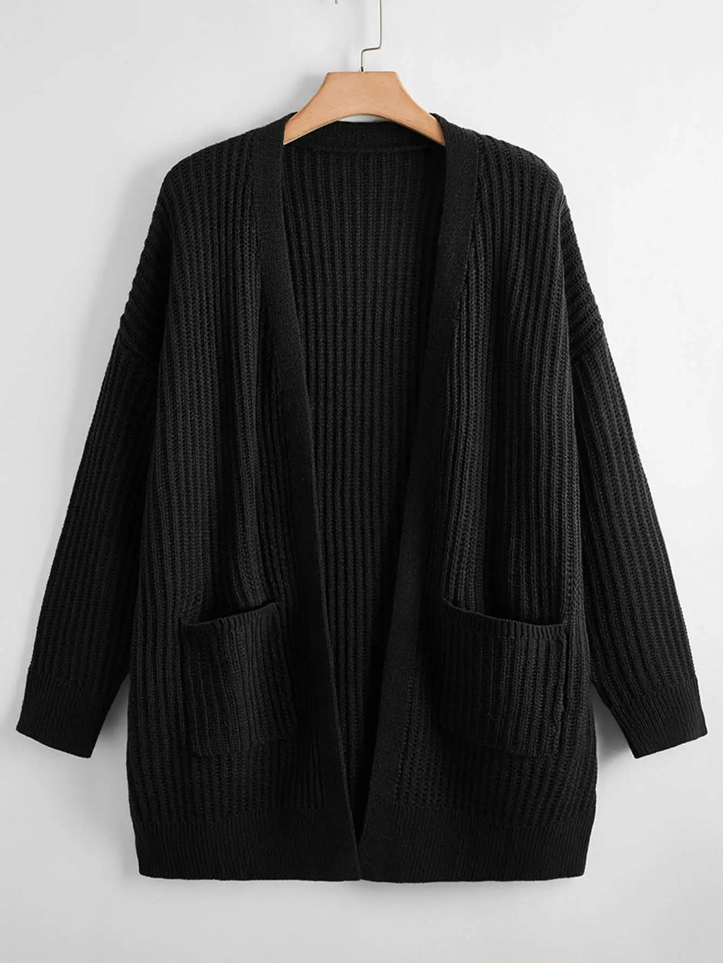 Women's Loose Casual Rib Knit Long Sleeve Cardigan With Pockets, Black, Versatile Everyday Wear,