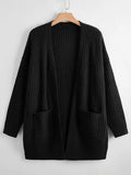 Women's Loose Casual Rib Knit Long Sleeve Cardigan With Pockets, Black, Versatile Everyday Wear,