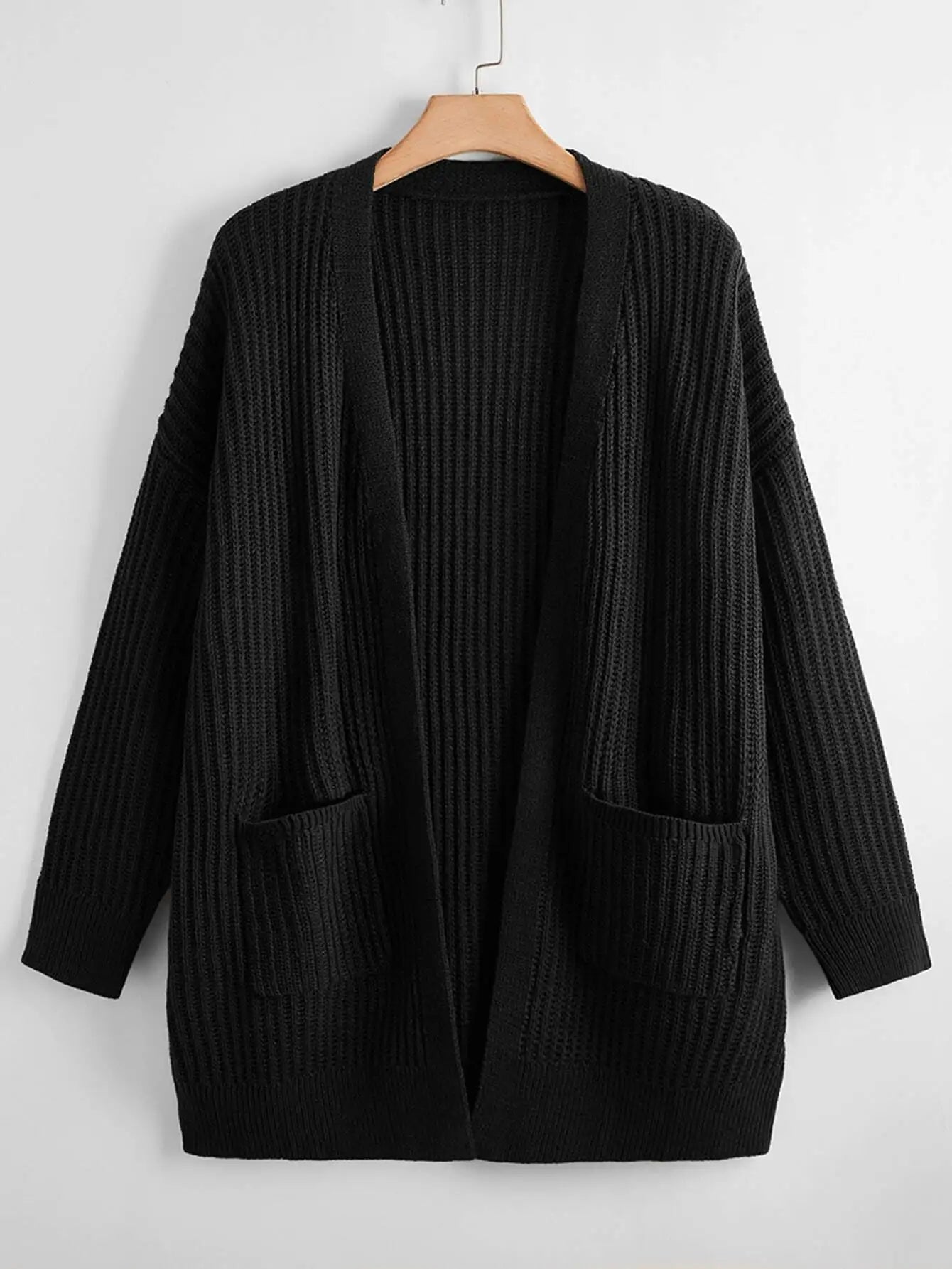 Women's Loose Casual Rib Knit Long Sleeve Cardigan With Pockets, Black, Versatile Everyday Wear,