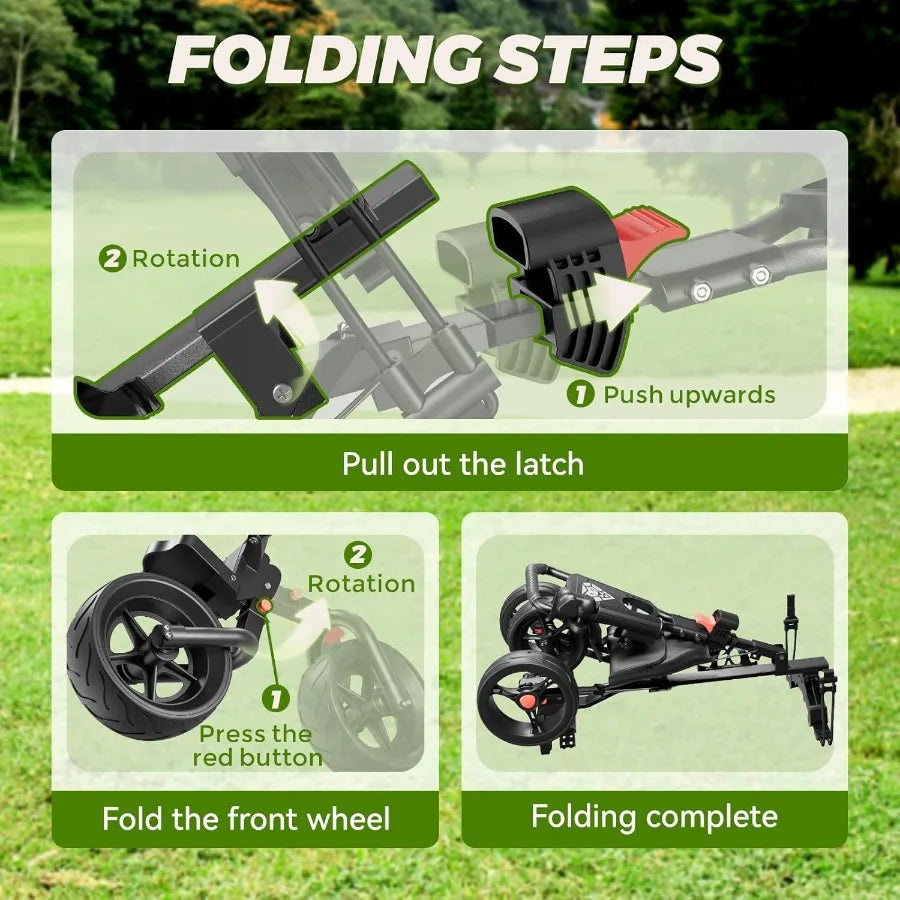 Golf Push Cart 3 Wheel Golf Cart Foldable Multiple Functions Golf Bag Cart for All Ages with Adjustable Handle - Lightw