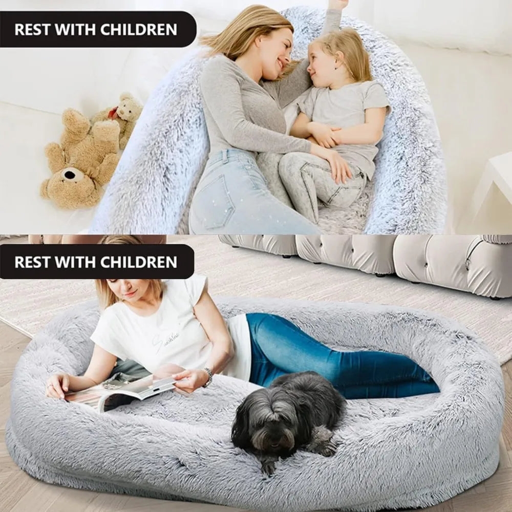 Giant Washable Faux Fur Dog Bed for Humans - Extra Large Nap Bed, Adult Oval Design, Comfortable Pet Bedding