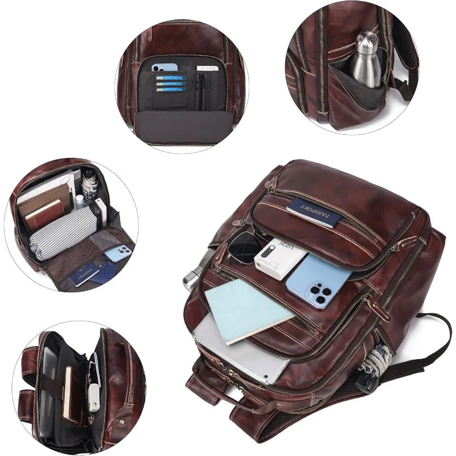Vintage Full Grain Leather Backpack For Men 17.3'' Laptop Bag Causal Rucksack Shoulder Bag Overnight For Business/Hiking/Travel