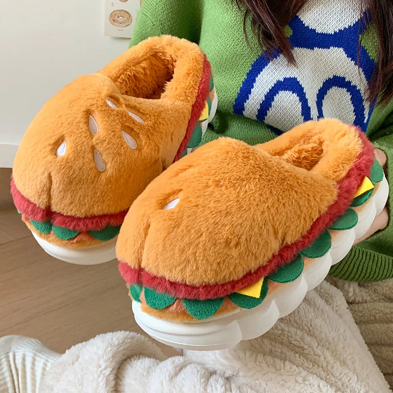 Hamburger cotton slippers for women in winter, new home bag and warm plush couple cotton shoes for women good 2026
