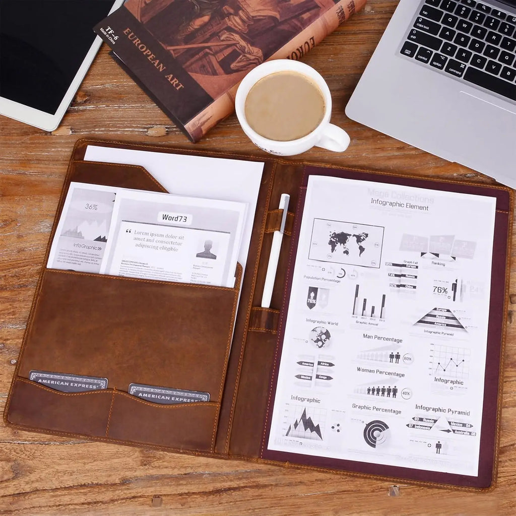 Genuine Leather Portfolio with A4 Document Folder, Professional Writing Padfolio Organizer for Men and Women