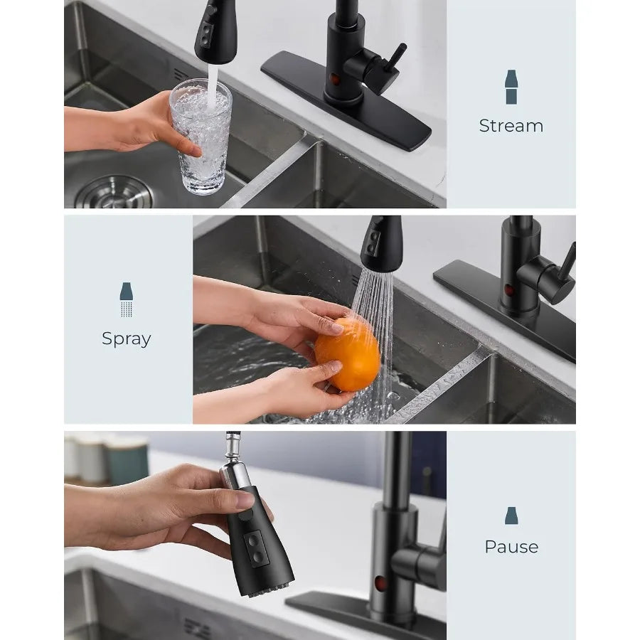 Black Touchless Kitchen Faucet with Soap Dispenser Hands-Free Smart Motion Sensor Contemporary Bar Sink Faucet with Pull Down S