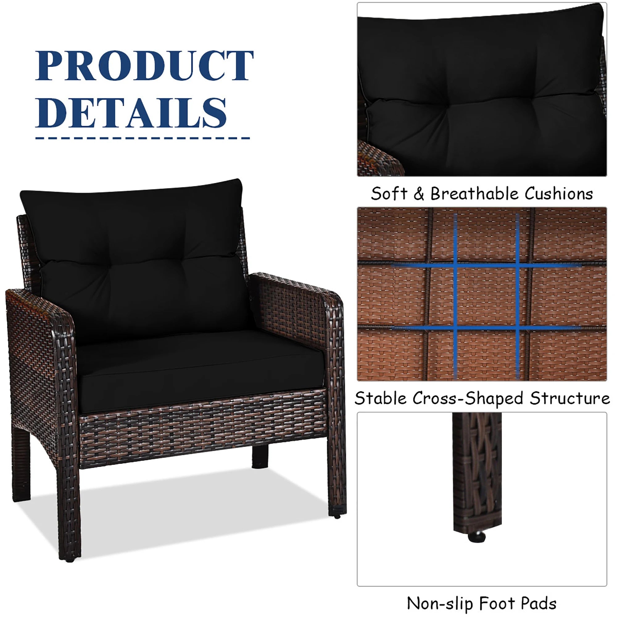 3PCS Outdoor Rattan Conversation Set Patio Garden Cushioned Sofa Chair Black