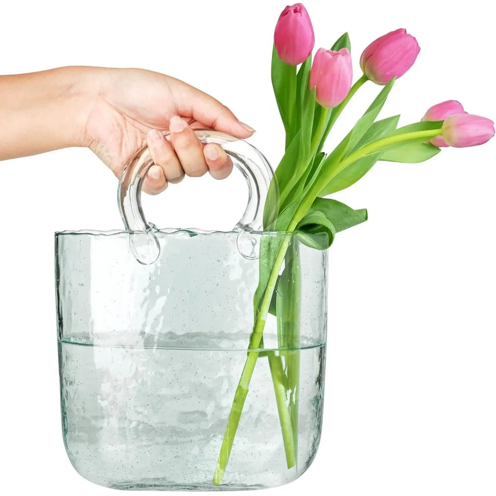 Elegant Clear Glass Bag-Shaped Vase for Home Décor, Perfect for Displaying Flowers, Fruits, and Candies