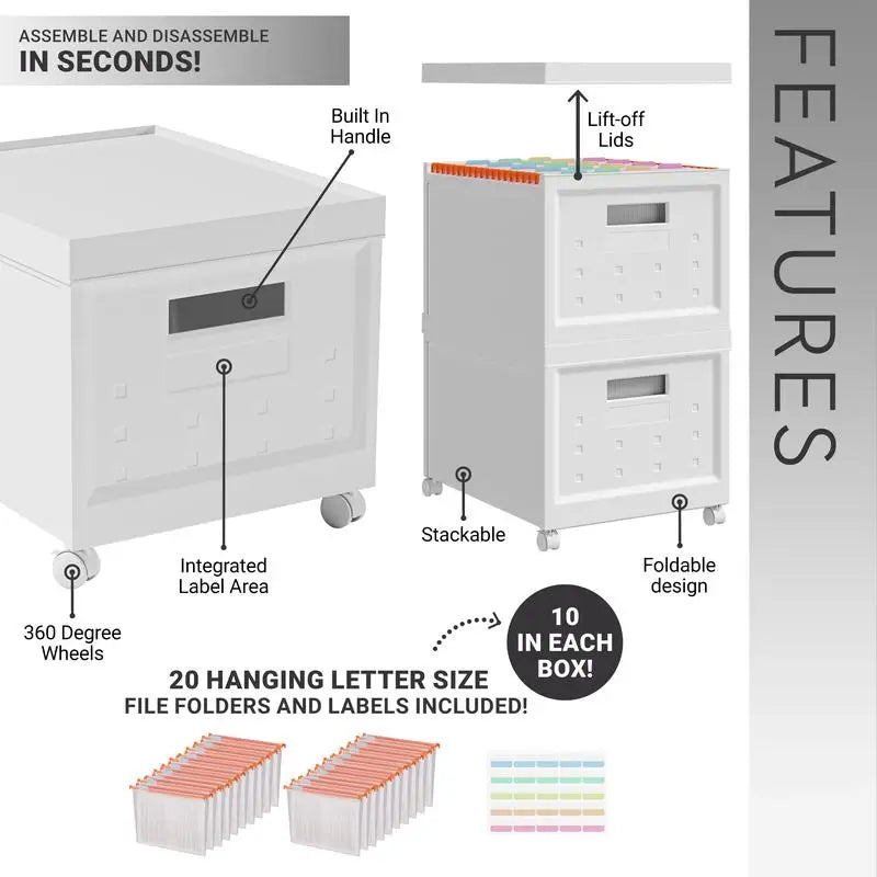Set of 2 Stackable Rolling File Boxes with Lids & 10 Hanging Files, Portable Plastic Storage Organizer on Wheels for Home or