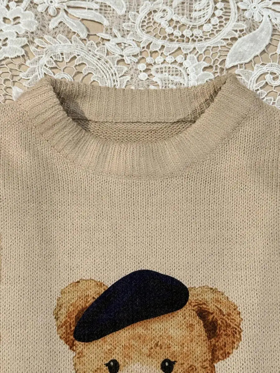 Navy Blue Collegiate Bear Print Pullover Sweater for Women, Autumn Winter Casual Style