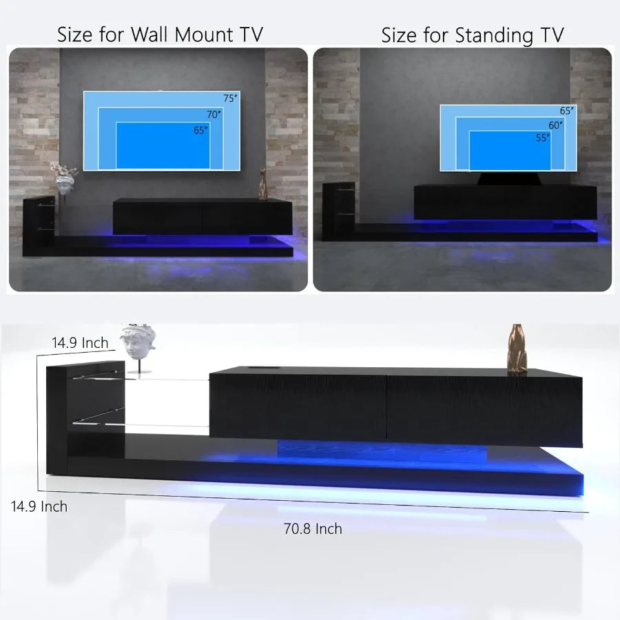 LED TV Stand for 55 65 75 Inch TV Modern Entertainment Center with Tempered Glass 50 60 70 Inch TV Console Gaming Media Console