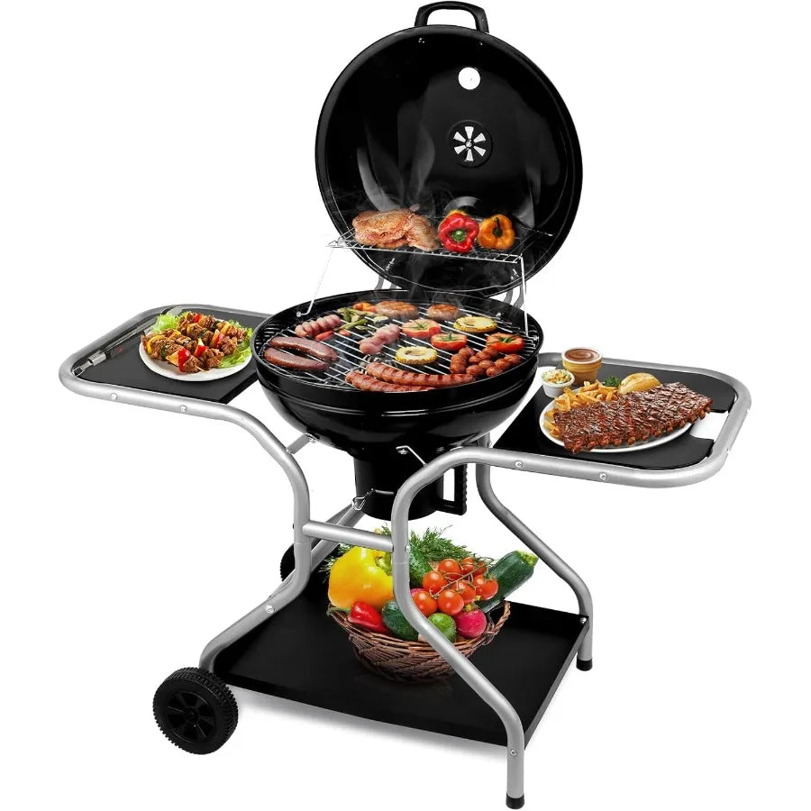 22 inch Outdoor Barbecue Pit Grill Cart with 2 Side Tables for Patio Backyard Camping Picnic Cooking Portable Kettle Charcoal G