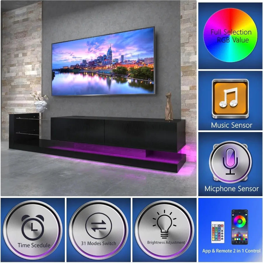 LED TV Stand for 55 65 75 Inch TV Modern Entertainment Center with Tempered Glass 50 60 70 Inch TV Console Gaming Media Console