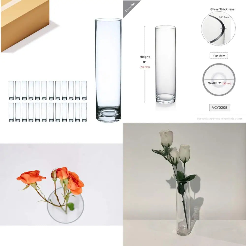 Clear Skinny Narrow Hurricane Vases for Wedding Centerpieces, Bulk Floral Containers, Height 8, Width 2, Ideal Standard Glass Cy