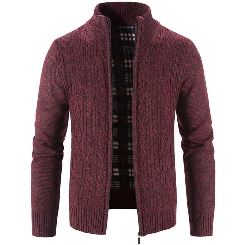 Winter Autumn New Sweater Knit Cable Cardigan Men Business Casual Jacket Zipper Up Solid Color Turn-down Coat Fleece Clothes