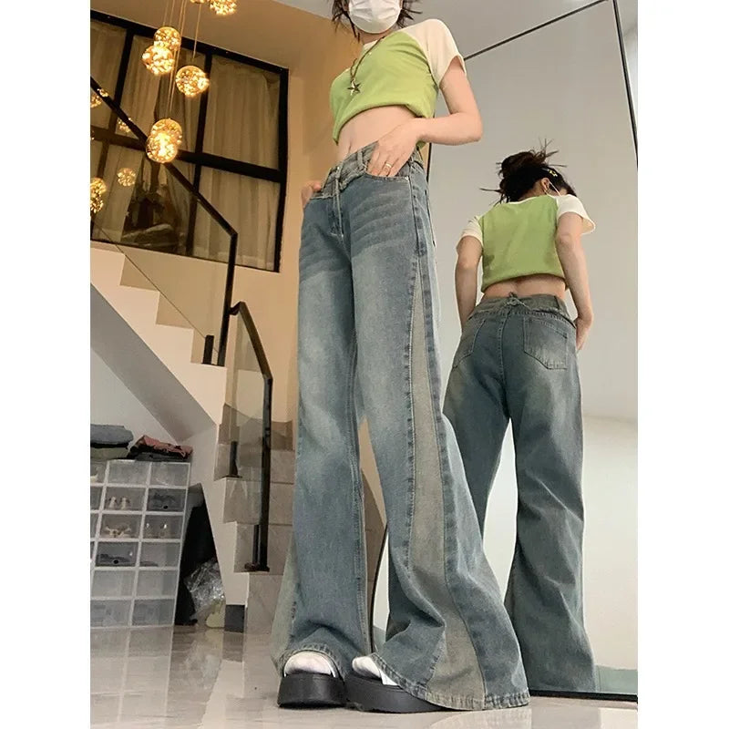 Slimming High Waist Bell Bottom Jeans Women's plus Size Patchwork Design American Retro Style Autumn New Arrival Long Pants
